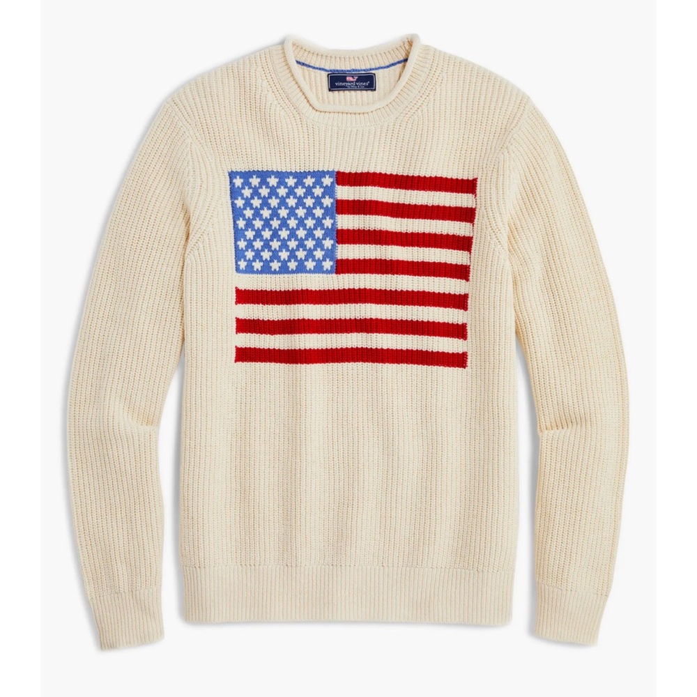 Vineyard Vines Cream Crewneck Sweater USA Flag Cotton Old Money L America